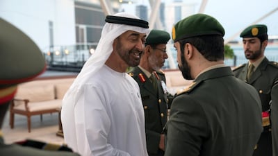 Sheikh Mohamed bin Zayed awards members of the UAE Armed Forces with Medals of Bravery and Medals of Glory, during a Sea Palace barza. Hamad Al Kaabi/Ministry of Presidential Affairs