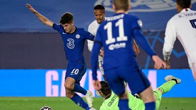 Chelsea forward Christian Pulisic scores during the UEFA Champions League semi-final first leg against Real Madrid at the Alfredo di Stefano Stadium in Valdebebas, on the outskirts of Madrid. AFP