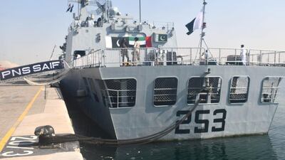 The guided-missile frigate PNS Saif in Port Rashid on Saturday. The vessel is deployed on anti-piracy operations in the region. Courtesy: Consulate-General of Pakistan