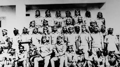 Brig Gen Ishaq Suleiman with the original Abu Dhabi police band, sixth from left on front row.