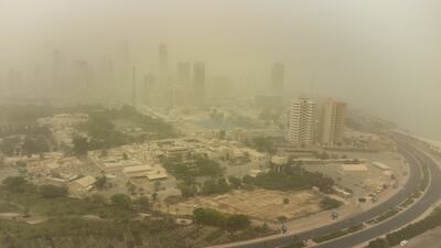 Buildings are shrouded in heavy dust in Kuwait City, Kuwait. The Kuwaiti Ministry of Interior on Sunday cautioned against a prevailing unsteady weather marked with a wave of dust that lowered visibility. EPA