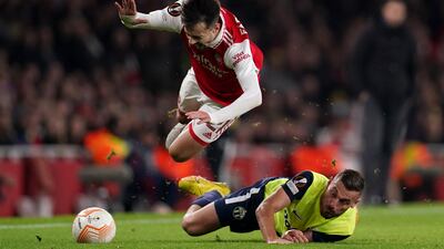 FC Zurich's Fidan Aliti earns a yellow card for this challenge on Arsenal's Fabio Vieira of Arsenal. PA