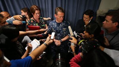 Captain Mark Matthews of the US navy talks with the media following a press conference for the continuing search of missing Malaysia Airlines Flight MH370 at Dumas House in Perth. Paul Kane / Getty Images April 7