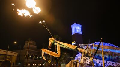 The 12-metre-tall model of a praying mantis at the entrance to the Downtown Container Park in Las Vegas. It shoots flames six storeys high. Getty Images