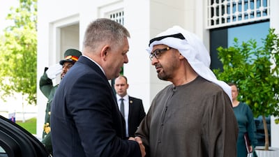 President Sheikh Mohamed receives Robert Fico, Prime Minister of Slovakia, before a meeting at Al Shati Palace. All photos: UAE Presidential Court