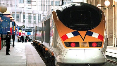 The inaugural TGV-Eurostar train leaves the Paris Gare du Nord station, carrying French president François Mitterrand and prime minister Edouard Balladur to their rendezvous with Queen Elizabeth II on May 6, 1994. Jean-Loup Gautreau / AFP