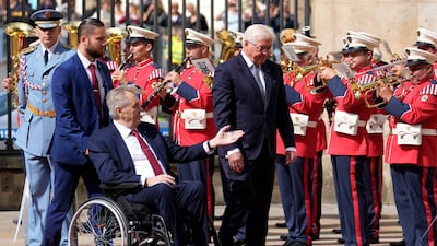 Czech President Milos Zeman was in a wheelchair when he received his German counterpart Frank-Walter Steinmeier in Prague in August. AP