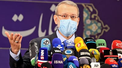 Iran's former parliament speaker Ali Larijani delivers a speech after registering his candidacy for Iran's presidential election at the Interior Ministry in capital Tehran on May 15, 2021. AFP
