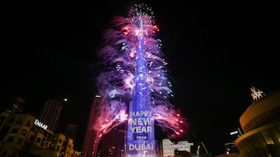 Fireworks explode from Burj Khalifa to ring in the new year. Reuters