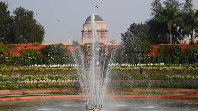 The Mughal Gardens at the Indian Presidential Palace in New Delhi. Off-the-charts levels of pollution in cities, such as the capital, have necessitated the need to quadruple renewable capacity to offset high emissions. AFP