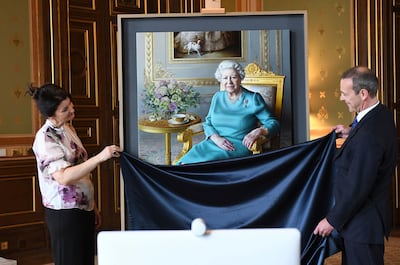 Lord Simon McDonald at the unveiling of a portrait of Queen Elizabeth II in London. AP