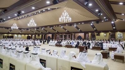 Guests attend a lecture by Dr Mohammed Mokhtar Gomaa, Minister of Religious Endowments of Egypt (not shown), titled “Protecting Society Against Extremism”, at Majlis Mohammed bin Zayed. Mohamed Al Hammadi / Crown Prince Court - Abu Dhabi