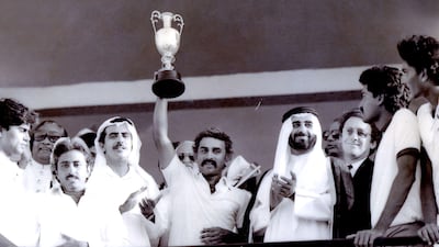 Abdulrahman Bukhatir, left, with India captain Sunil Gavaskar at the first Asia Cup that was held at the Sharjah Cricket Stadium in 1984. Photo: Sharjah Cricket