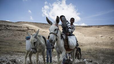 Pupils ride on a donkey after a day of lessons.