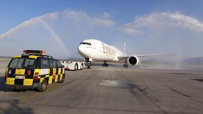A traditional water cannon salute for Emirates' inaugural US flight via Greece at Athens International Airport. Courtesy Emirates