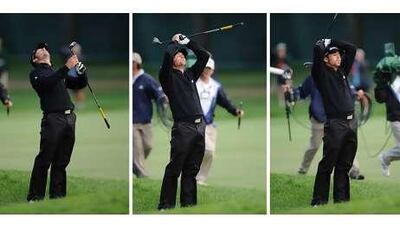 Sergio Garcia of Spain reacts as his shot from the 18th fairway lands in a bunker during the final round of the 90th PGA championship. Garcia finished tied for second with Ben Curtis of the US as Padraig Harrington of Ireland won.