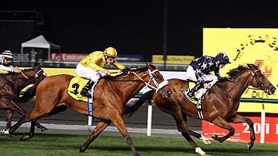 Presvis, above right, ridden by jockey Ryan Moore, comes home to win the Dubai Duty Free at Meydan Racecourse last month. Presvis and Moore team up again today to try and win the Champions Mile race in Hong Kong.