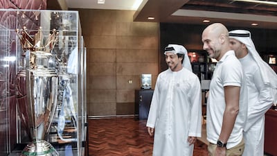Manchester City manager Pep Guardiola meets Sheikh Mansour bin Zayed, Deputy Prime Minister and Minister of Presidential Affairs, and City chairman Khaldoon Al Mubarak. WAM