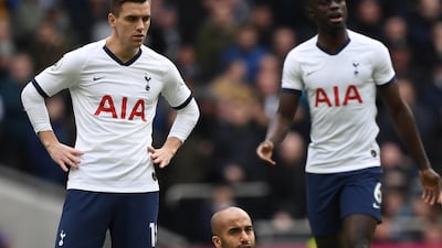 Lucas Moura, centre, of Tottenham Hotspur at the final whistle. EPA