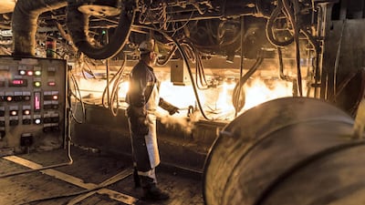 The Emirates Steel plant in Mussaffah. UAE-based entities such as Emirates Steel, one of the largest companies in the country outside of the oil, are looking to tap green hydrogen for manufacturing. Antonie Robertson / The National