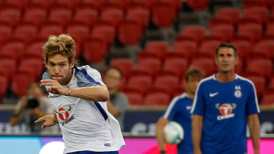 Chelsea's Marcos Alonso, left, in action during a training session at the National Stadium in Singapore, 24 July 2017. Wallace Woon / EPA