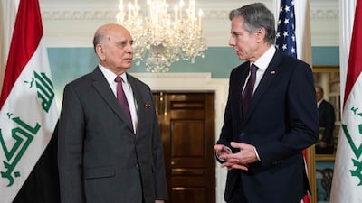 US Secretary of State Antony Blinken and Iraqi Foreign Minister Fuad Hussein at the State Department in Washington on February 9. AFP