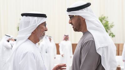 President Sheikh Mohamed receives condolences from businessman and former military officer Hamad Al Khaili, following the death of Sheikh Saeed bin Zayed. Photo: UAE Presidential Court