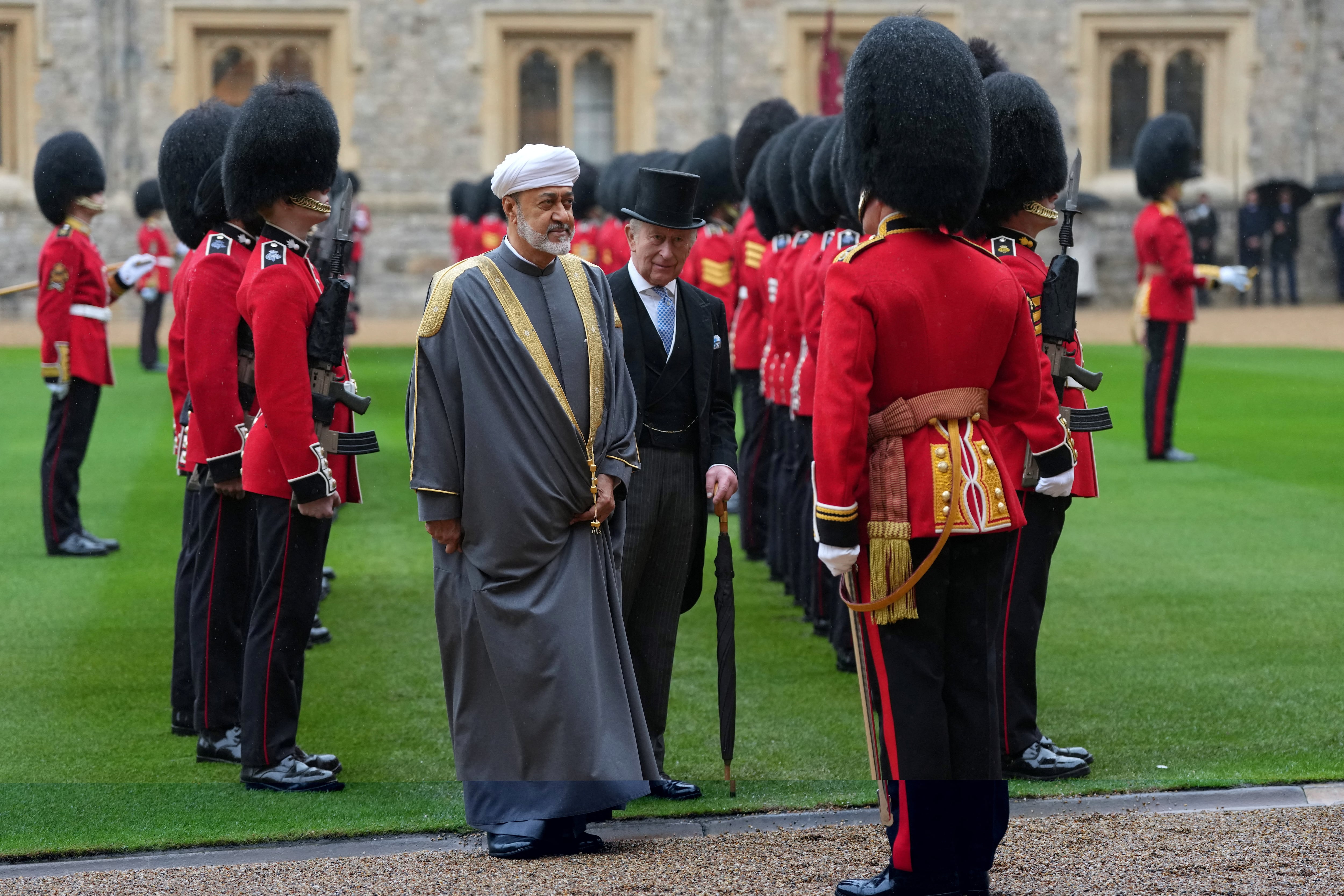 Sultan Haitham and King Charles inspect the guard of honour at Windsor Castle. Reuters