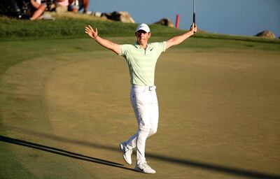 Rory McIlroy celebrates after sinking a birdie putt on the 18th green to win the Arnold Palmer Invitational. Stephen M Dowell /Orlando Sentinel via AP