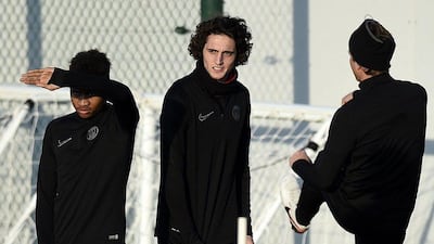 Adrien Rabiot, centre, of PSG shown at Monday’s training session in Saint-Germain-en-Laye outside Paris. Franck Fife / AFP