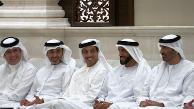 From right: Sheikh Saeed bin Zayed, Abu Dhabi Ruler's Representative; Sheikh Nahyan bin Zayed, Chairman of the Board of Trustees of Zayed bin Sultan Al Nahyan Charitable and Humanitarian Foundation; Sheikh Mansour bin Zayed; and Sheikh Diab bin Zayed attend an iftar reception at Al Bateen Palace.
