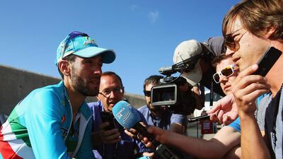 Winner Vincenzo Nibali of Italy and Astana Pro Team speaks to press after his victory on Friday in the Tour of Oman. Bryn Lennon / Getty Images