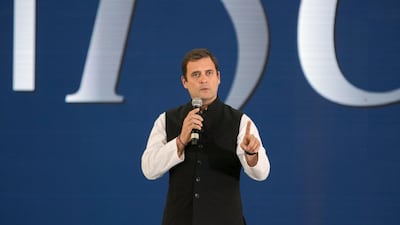 Rahul Gandhi addresses the public at Dubai International Cricket Stadium. Reem Mohammed / The National