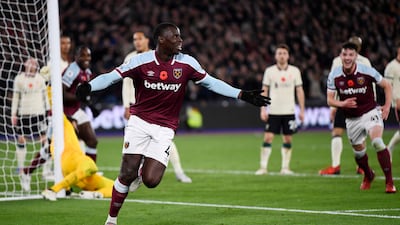 West Ham United's Kurt Zouma celebrates scoring their third goal. Reuters