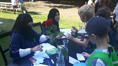 Emirati authors Maitha Al Khayat, left, and Noura Al Khoori, delighted both refugee and German children with their stories, at the Berlin International Literature Festival. Courtesy Bettina Quabius