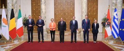 Egypt's President Abdel Fattah El Sisi with leaders of EU member states and European Commission President Ursula von der Leyen after signing a deal on greater co-operation on migration worth €7. 4 billion. EPA