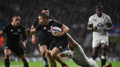 New Zealand's Jack Goodhue is tackled by Ben Youngs of England but the All Blacks rallied to score 16 unanswered points to win 16-5 at Twickenham. Getty Images