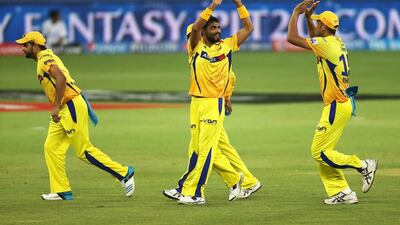 Ravindra Jadeja, centre, has moved to second in the IPL bowling charts after Fridayy's four-wicket haul against Kolkata. Pawan Singh / The National