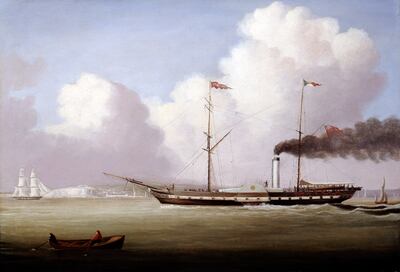 P&O's Braganza off the English Coast. Skillett's painting depicts the ship flying an early version of the P&O house flag with the yellow and white quarters reversed. Photo: P&O Heritage / DP World