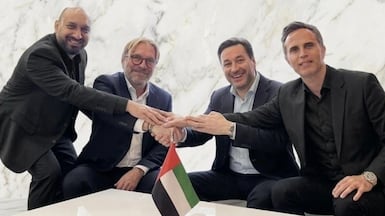 From right to left: Marc Domenech, VP of META and CIS Region, Nvidia; Carlo Ruiz, VP of Enterprise Solutions & Operations EMEA, Nvidia; Eric Leandri, CEO of Aleria; and Sabir Saleem, CEO of Mbuzz. They met during the global Nvidia GTC AI conference. Photo: Aleria