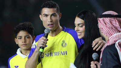 Cristiano Ronaldo Jr, left, is on Al Nassr's books, the Saudi Pro League club where his father plies his trade. AFP
