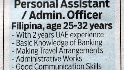 A job advertisement in a newspaper seeks Filipina candidates aged between 25 and 32.