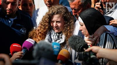 Ahed Tamimi addresses the press following her release
