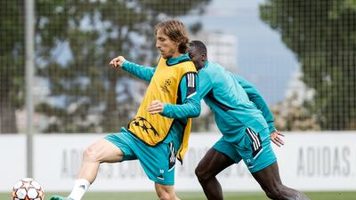Luka Modric and Ferland Mendy train for the semi-final second leg against Manchester City. Getty