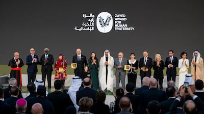 President Sheikh Mohamed; Sheikh Abdullah bin Zayed, UAE Deputy Prime Minister and Minister of Foreign Affairs; Judge Mohamed Abdelsalam, secretary general of the Zayed Award for Human Fraternity; Nikol Pashinyan, Prime Minister of Armenia; Ilham Aliyev, President of Azerbaijan; Moussa Faki, former prime minister of Chad; Charles Michel, former prime minister of Belgium and former president of the European Council; Cardinal Jose Tolentino de Mendonca, prefect of the dicastery for culture and education at the Holy See; Catherine Russell, executive director of the UN Children’s Fund; Dr Nabil Hani Qaddumi, chairman of the board of directors of Taawon; Saida Mirziyoyeva, head of the administration of the President of Uzbekistan; Anna Hakobyan; Leyla Ilham qizi Aliyeva; and Zarqa Yaftali during the Zayed Award For Human Fraternity. All photos: UAE Presidential Court
