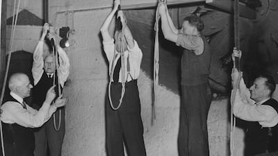 Westminster Abbey's team of bell ringers practising their royal wedding peal in 1947