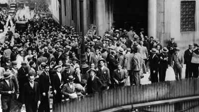 Crowds on Wall Street in New York, after the stock exchange crashed in 1929. History shows us that market crashes broadly follow the same pattern. Getty Images