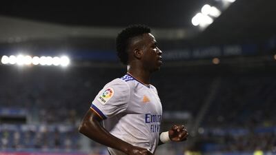 Real Madrid's Brazilian forward Vinicius Junior celebrates after scoring the fourth.