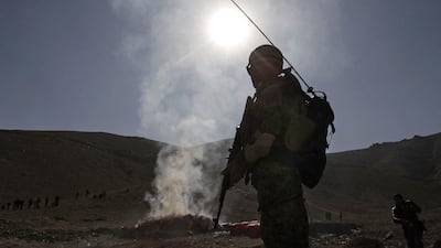 An Afghan security man stands guard during a drug burning ceremony on the outskirts of Kabul, Afghanistan, on November 12, 2013, where around 20 tons of opium, heroin and hashish were set on fire, officials said. Rahamt Gul / AP Photo