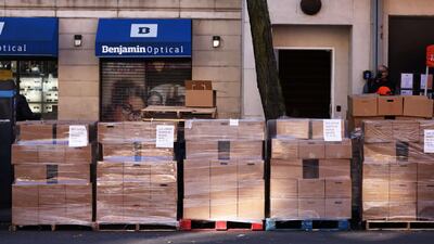 Pallets of food are seen during a Thanksgiving food distribution event at Food Bank For New York City in Harlem. AFP